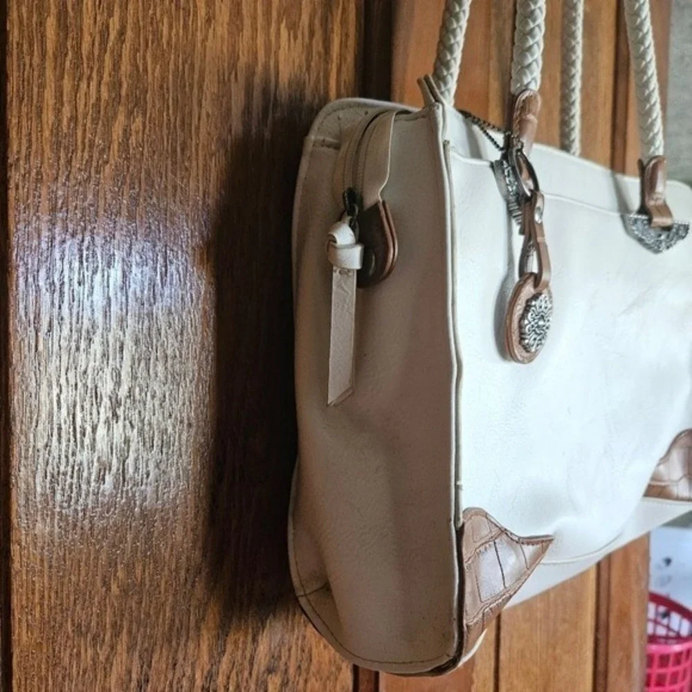Bueno White & Cognac Faux Leather Shoulder Bag Country Chic Boho Handbag
